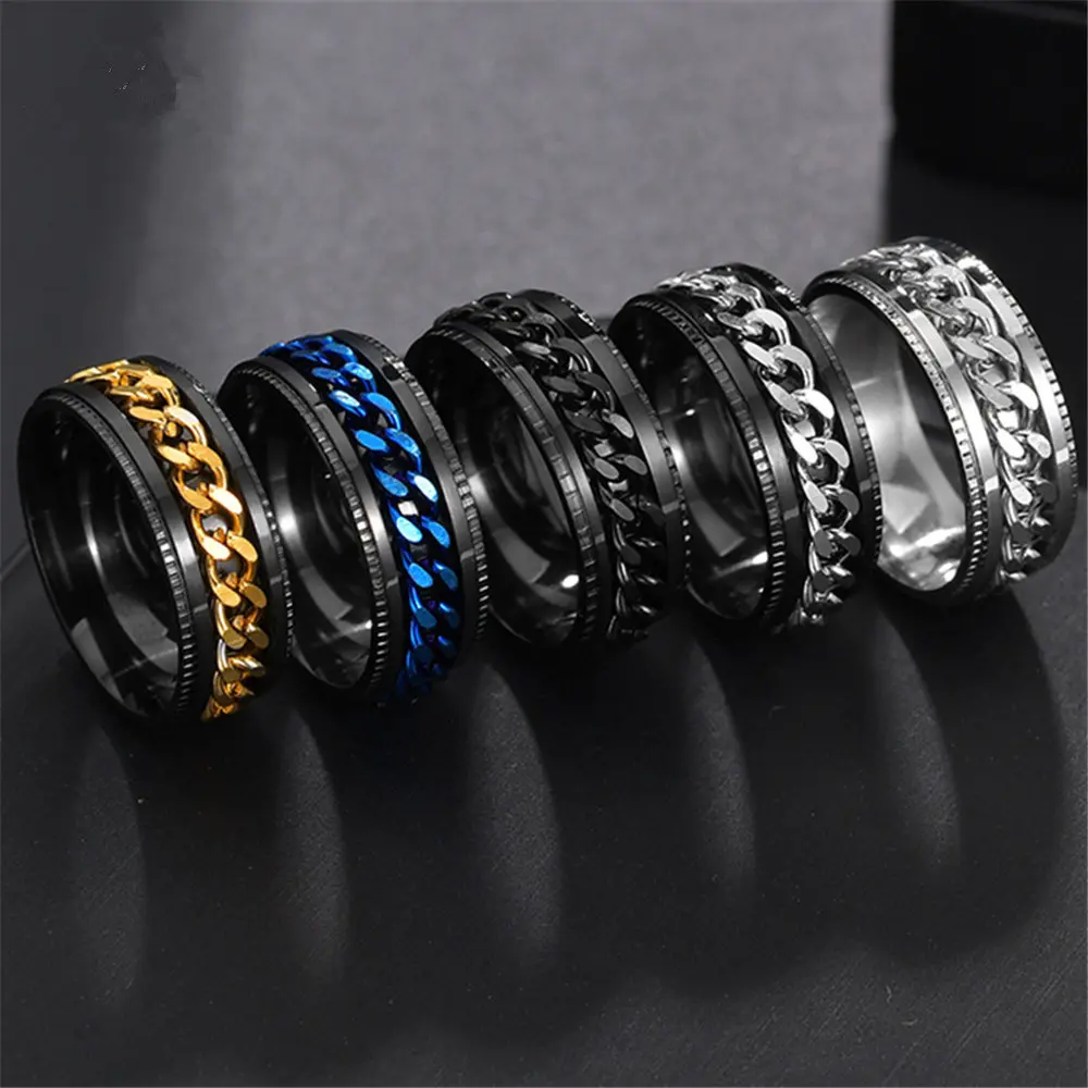 GGIRL Vintage Colorfast Stainless Steel Link Anxiety Ring For Men Women ,Multipel-Size/Tone Simple Punk Fashion Chain Turnable Ring ,Versatile Hip-Hop Accessories,Ideal Boyfriend's Gift
