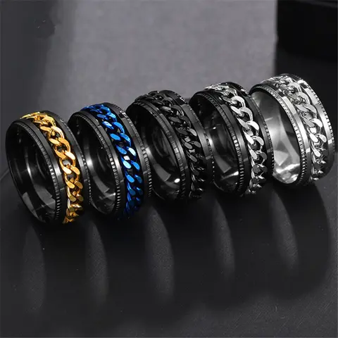 GGIRL Men's Retro Punk Edge Stainless Steel Link Chain Stress Relief Ring - Ergonomic Turnable Standout Jewelry, Finger Jewelry, Metal Rings, Casual Accessory, Sizes 6-13 Exquisite Ornament for Adults