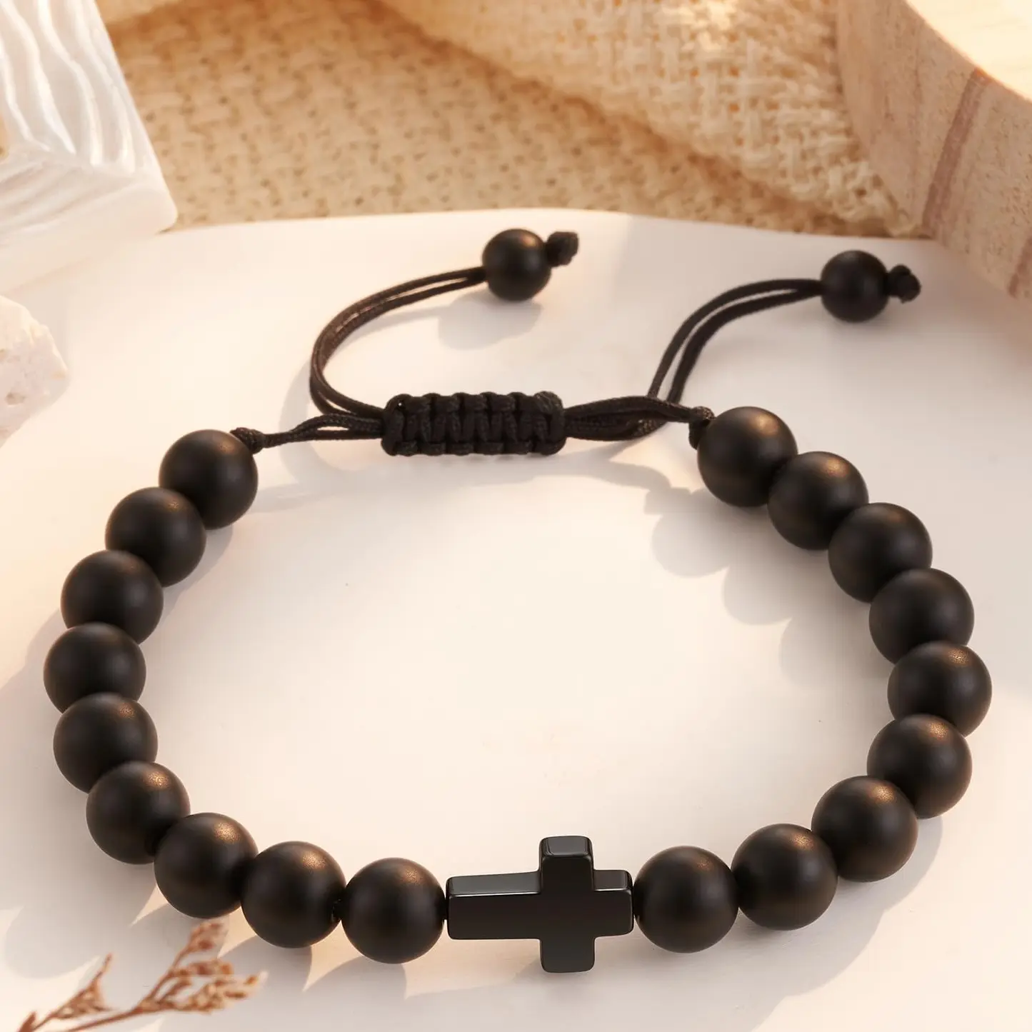 Black Onyx Beaded Bracelet for Boys with Cross Charm, Adjustable Handmade Jewelry, Teenage Boy Gifts for 7th-13th Birthday