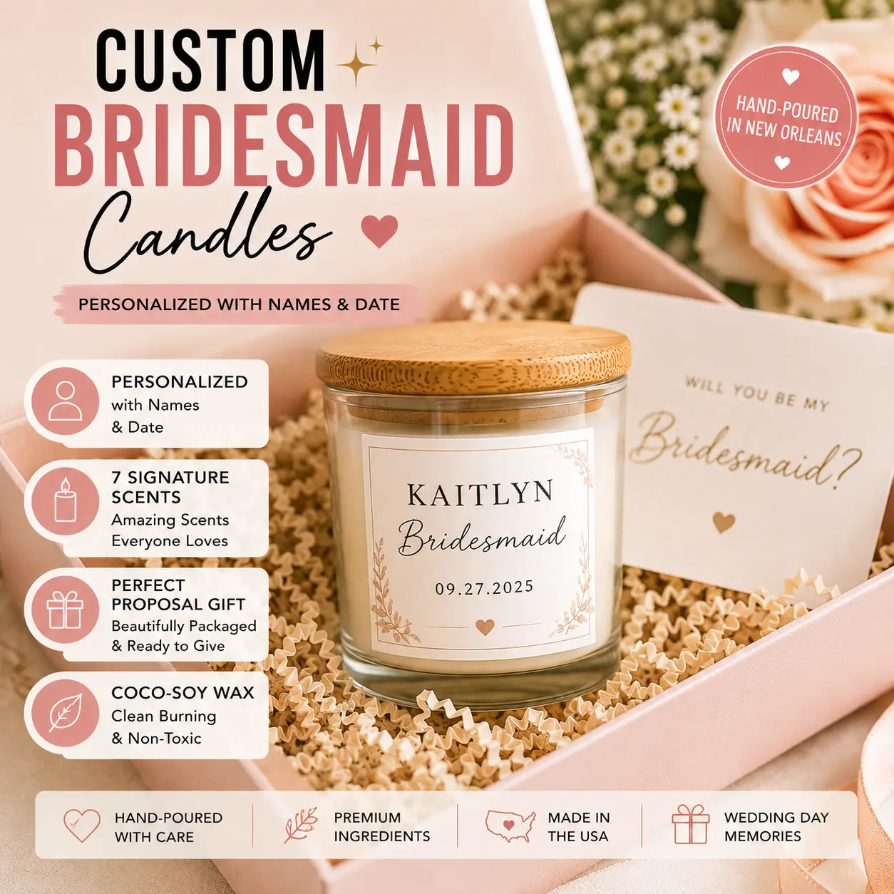 Personalized Bridesmaid Proposal Candle | Custom Maid of Honor Gift | Bridal Party Candle | Wedding Proposal Box Gift | Handmade in New Orleans