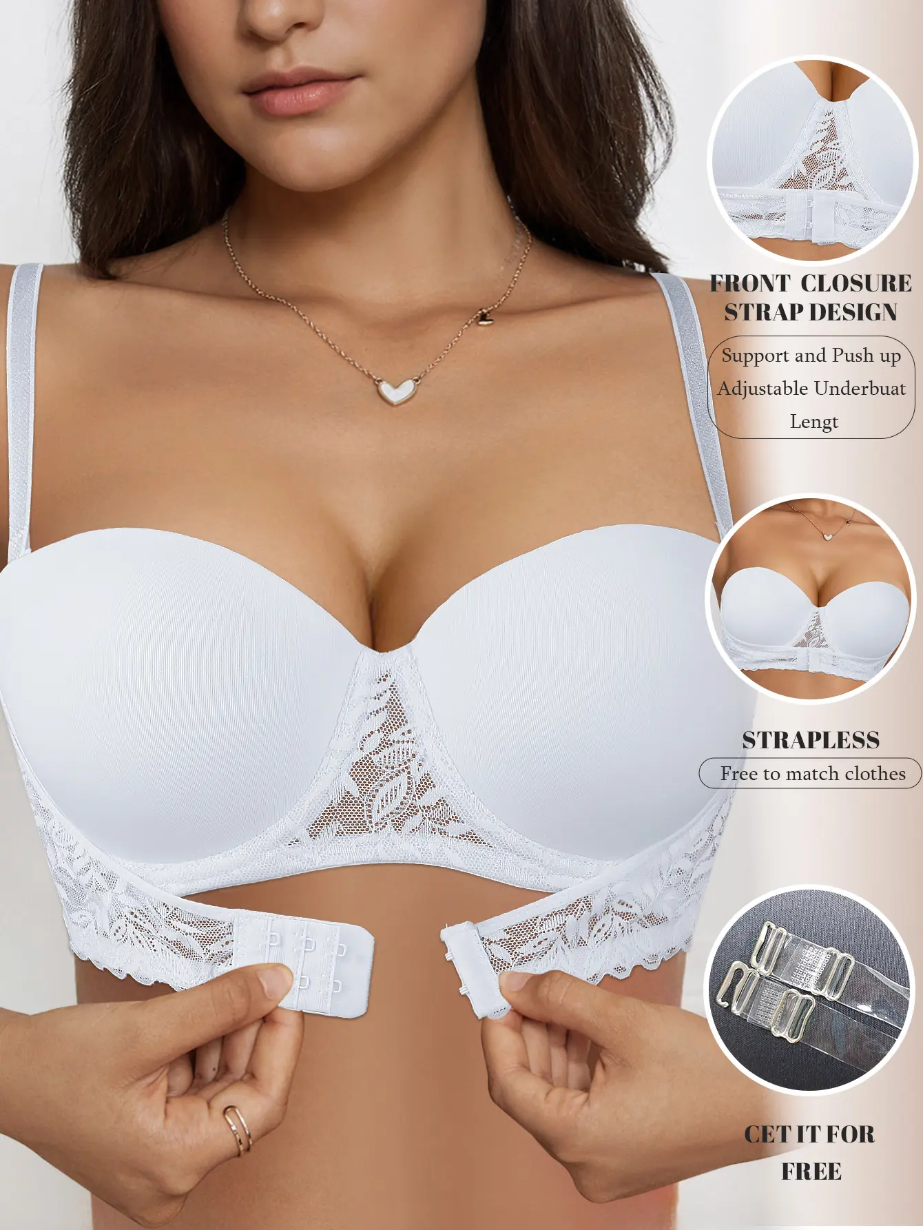 Women's Lace Push Up Underwire Lift Bra, Front & Back Closure Strapless Bandeau Bras, Anti-Slip Anti-Sag, Adjustable Removable Straps, Multiway, Comfortable Breathable Elegance Bras for Everyday Beach Vacation Outfits
