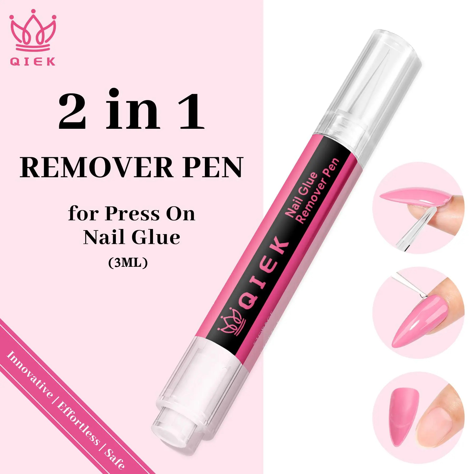 QIEK Nail Glue Remover for Press on Nails, #effortlessbeauty，2026 Upgraded 2 In 1 Nail Stick & Remover Pen Design, Acetone-Free Not for Gel Polish Base Coat, Quick Gentle Removal Fake Nail Tips Press Ons Holiday Haul Crystal Manicure