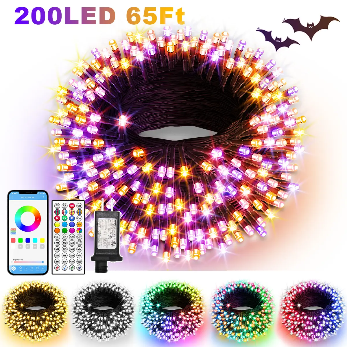 DREAMLAND Halloween Multicolor Smart RGB Color Changing String Lights - 200 LEDs, 65ft, Remote & App Control, 9 Modes, Timer, Waterproof. Music Sync,Fairy Lights with Flashlight for Halloween Decor, Outdoor Home Improvement