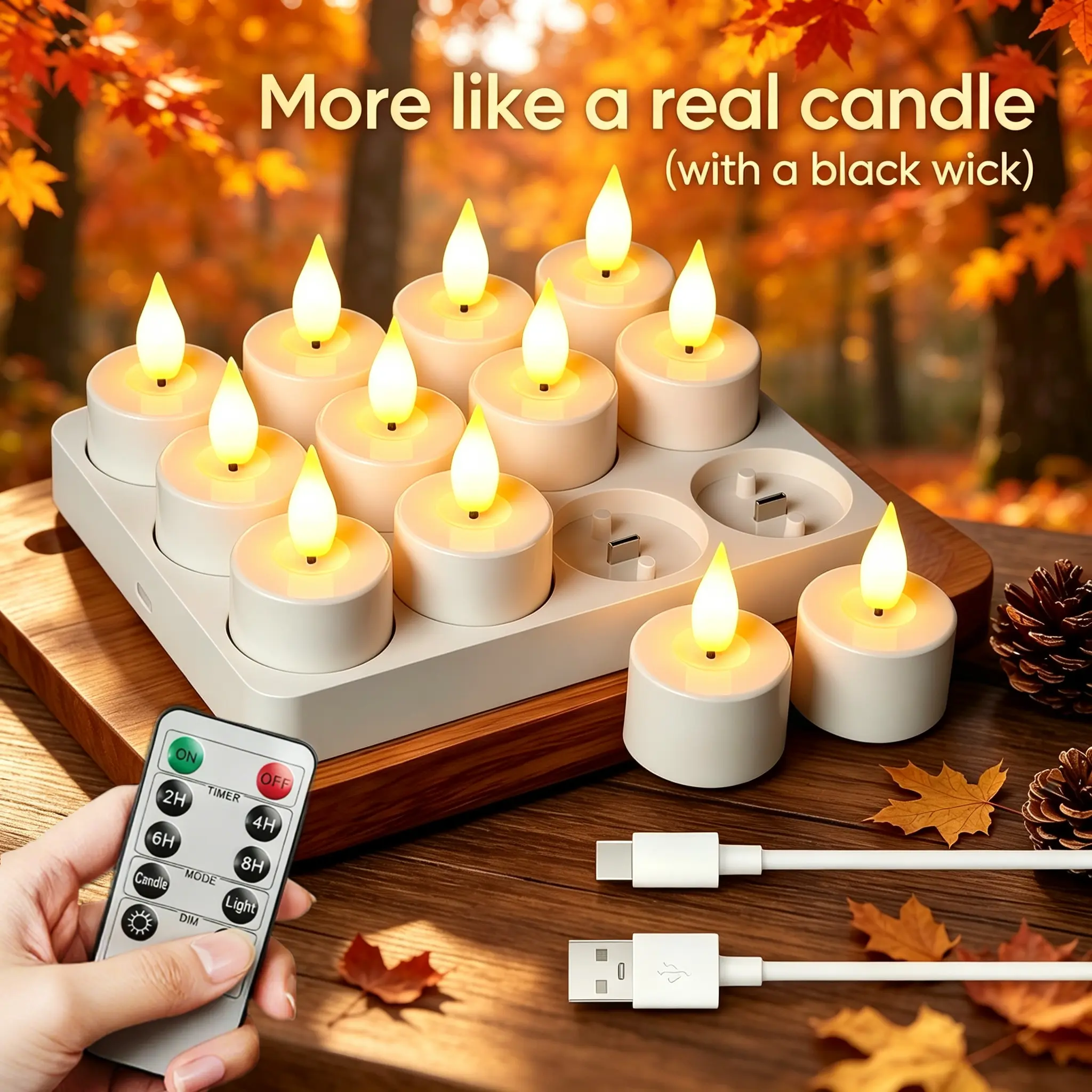 Flameless Candles Tealights, 12pcs Rechargeable USB C Tea Lights Candles with Remote Control, Charging Station, Timer for Halloween Decorations Christmas Decorations Indoor for Home Table Glass Jars or CANDLE Holder