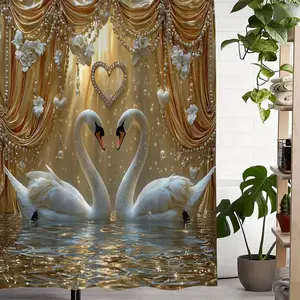 Two elegant swan shower curtains, perfect for bathroom decoration, partitions, beautifying spaces, polyester durable material, easy to clean, machine washable, multiple sizes to choose from, shower curtain hooks