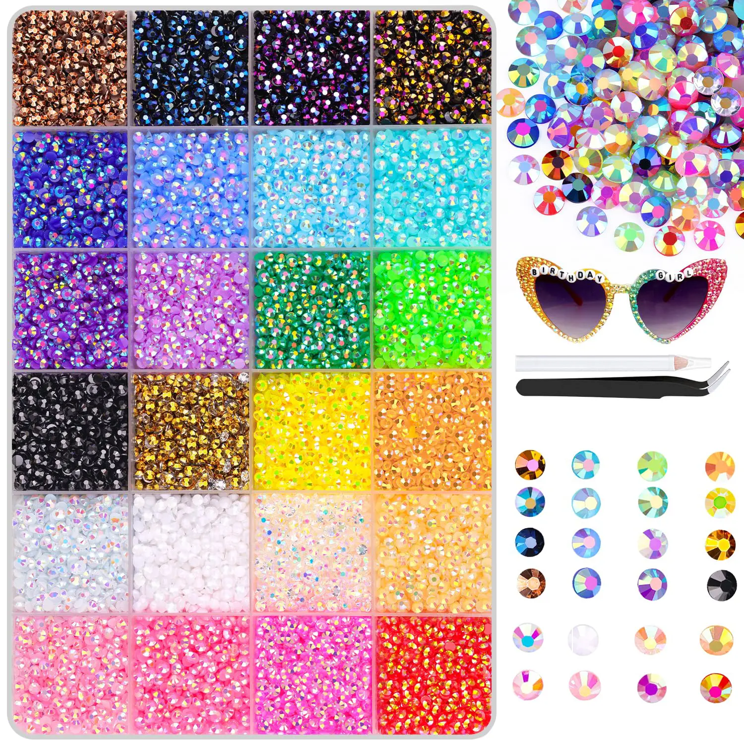 Jelly Rhinestone Kit, 30000 Pcs 3mm Multicolor Flatback Gems for Shimmering Nail Art Designs, DIY Crafts, and Clothing with Tweezers, Colorful Rhinestones, Home Nail Art, Multicolor-24Grids-30000Pcs, Tumblers, Jelly Gems, Bedazzled, Nail Supplies, Glitter