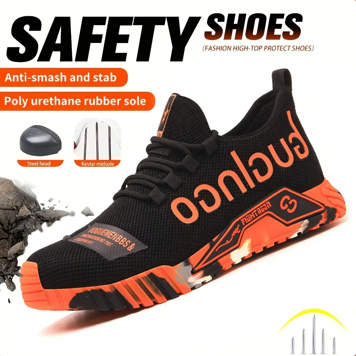 Men's steel-toe sports non-slip work shoes, featuring breathable knitted uppers, with anti-smashing, anti-piercing, shock-absorbing and wear-resistant properties. Footwear,FathersDayGift Safety Boot Orange Boy Closed，Summervibes