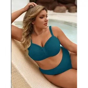 Women’s Plus Size Solid Color Ruched Bikini Top - Adjustable Straps, Tummy Control Swimsuit for Summer Beach, Pool Vacations
