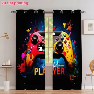 2D Flat 2Pcs Gamer Theme Gamepad Art Prints Grommet Curtains Home Decoration Curtain for Bedroom Living Room Gaming Zone Decor Cool Controller Splatter Paint Design Semi-Sunshade Window Drapes Anti-Privacy Accessory