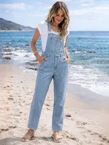Summer New Denim Overalls Pure Color Washed Blue Loose Fit No Elastic Women's Jeans Bib Pants Basic Casual Daily Wear Versatile Womenswear