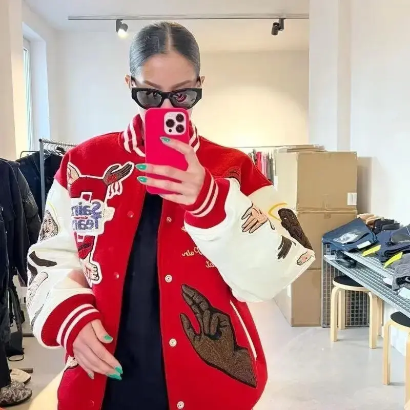 Y2K American Baseball Uniform Coat Casual Loose Red Embroidery High Quality Men Women Jacket Casual Spring Women Baseball Jacket