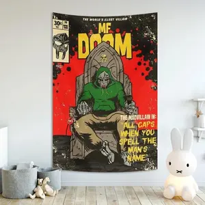 Retro Mf Doom Posters Tapestry - Solid Color Decorative Shabby Chic Design for Home Room Bar Cafe Aesthetic Wall Decor - Photo Decoration Chill Room Accessories for Y2K Art Spooky