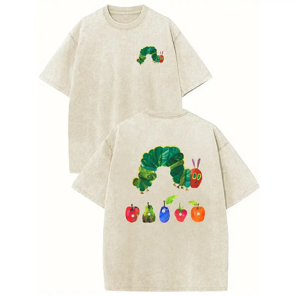 Vintage Acid-Washed Oversized Heavy Cotton Crewneck T-Shirt, Front Mini Green Caterpillar & Fruit Graphic & Back Large Caterpillar Fruits Dual-Sided Print, Loose Drop-Shoulder Unisex Casual Tee, Retro Cartoon Streetwear, Cute Nostalgic Gift, Seamless, Sho