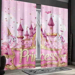 Heart Castle Print Curtains Set, Home Decoration Curtain, Fashionable Rod Pocket Window Drapes for Bedroom & Living Room, Comfortable Atmosphere, Easy Installation, Window Decorations Supplies