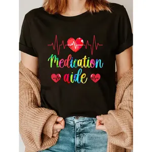 Medication Aide Heartbeat Medication Aides T-Shirt Casual Short Sleeve Shirt shirts women vintage graphic tees