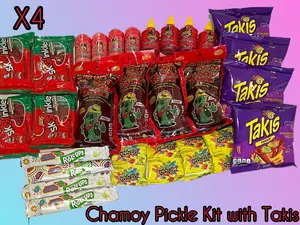 Four Family Pack Chamoy Pickle Kits with Takis, Lucas Powder, Liquid Lucas, Salsaghetti, Gushers, and Fruit Roll Ups Snacks Gift