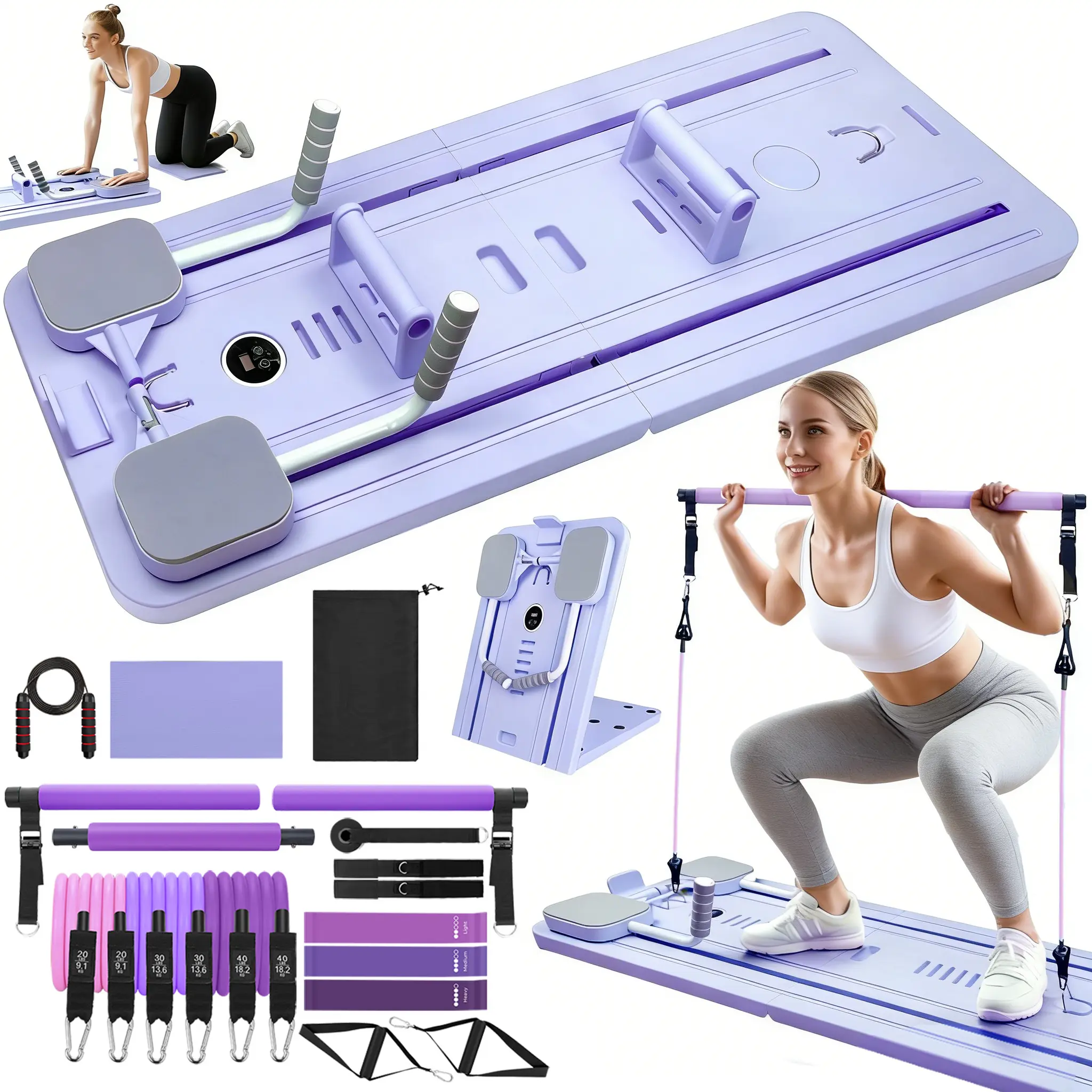 Homimanor Foldable Pilates Board Set for Beginners, Portable Home Exercise Kit with Pilates Bar and Resistance Bands for Daily Fitness & Stretching