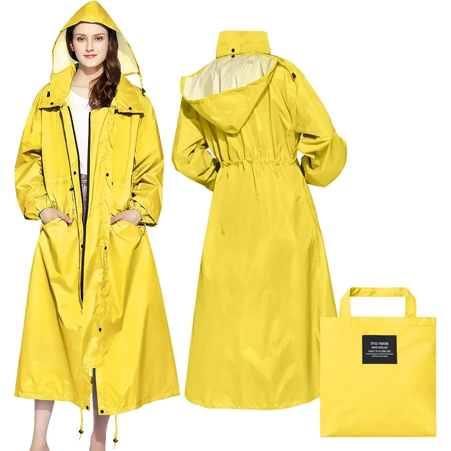 Women's Feminine Fashion Waterproof Polyester Raincoat - Lightweight, Hooded, Adjustable Strap Casual Outfit with Slim Look, Bag Compatibility for Hiking, Travel