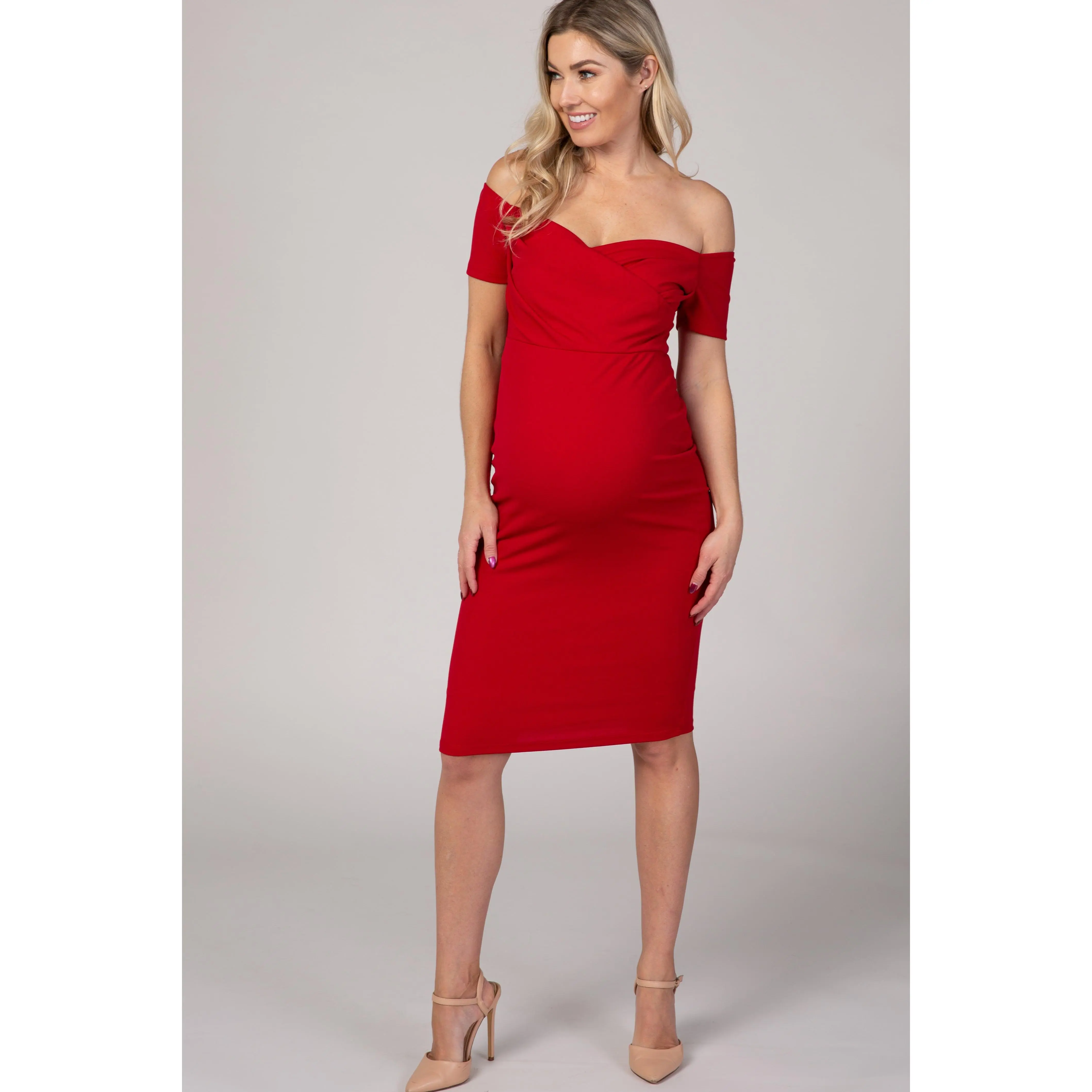 Maternity Fitted Off-Shoulder Solid Red Dress, PinkBlush Maternity Clothing, Dress The Bump, Maternity Dresses, Pregnancy Outfits