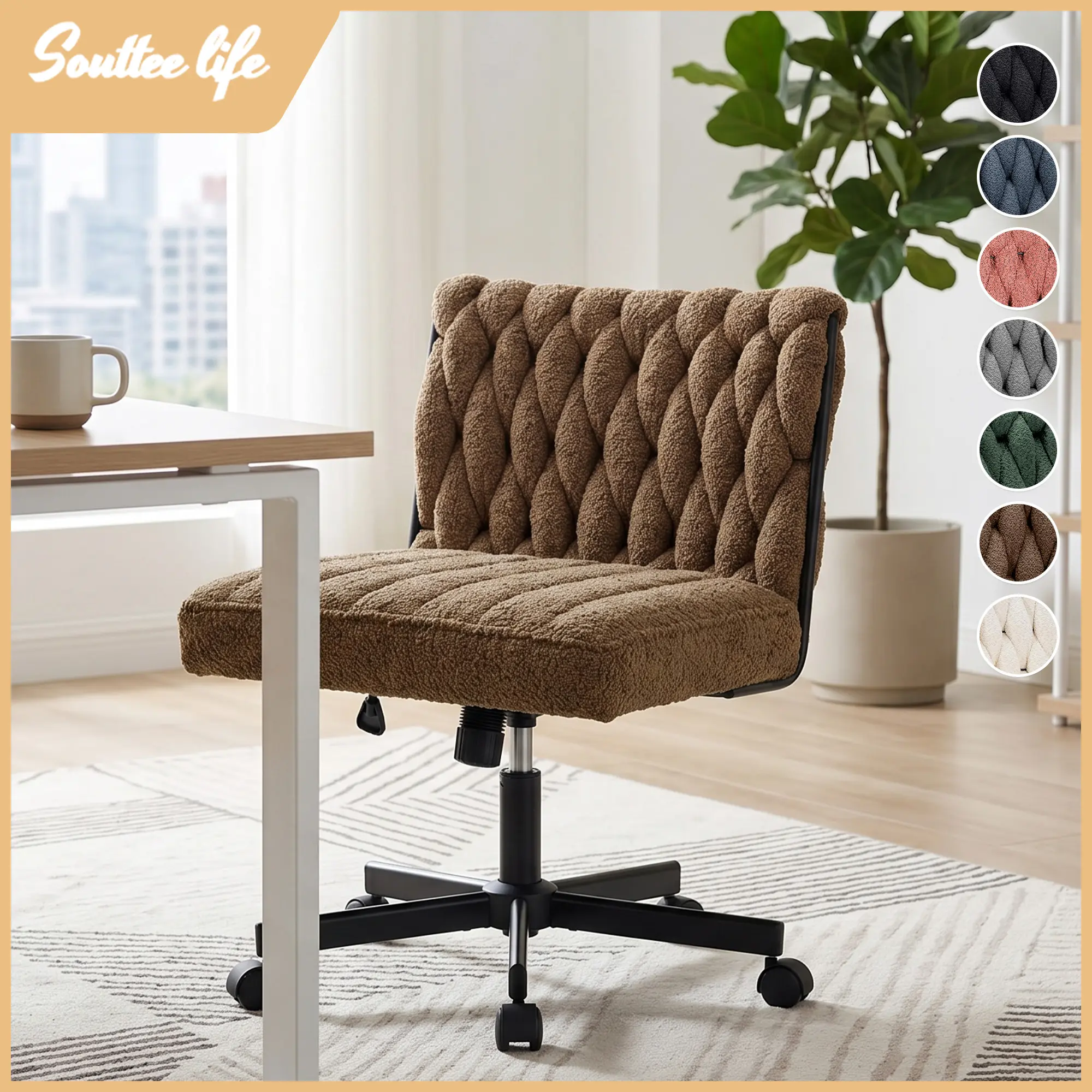 Criss Cross Office Chair with Wheels - Women's Wide Cross-Legged Armless Accent Piece, Adjustable Height, Tiltable, Swivel for Desk, Computer, Vanity Use in Bedroom Living Room