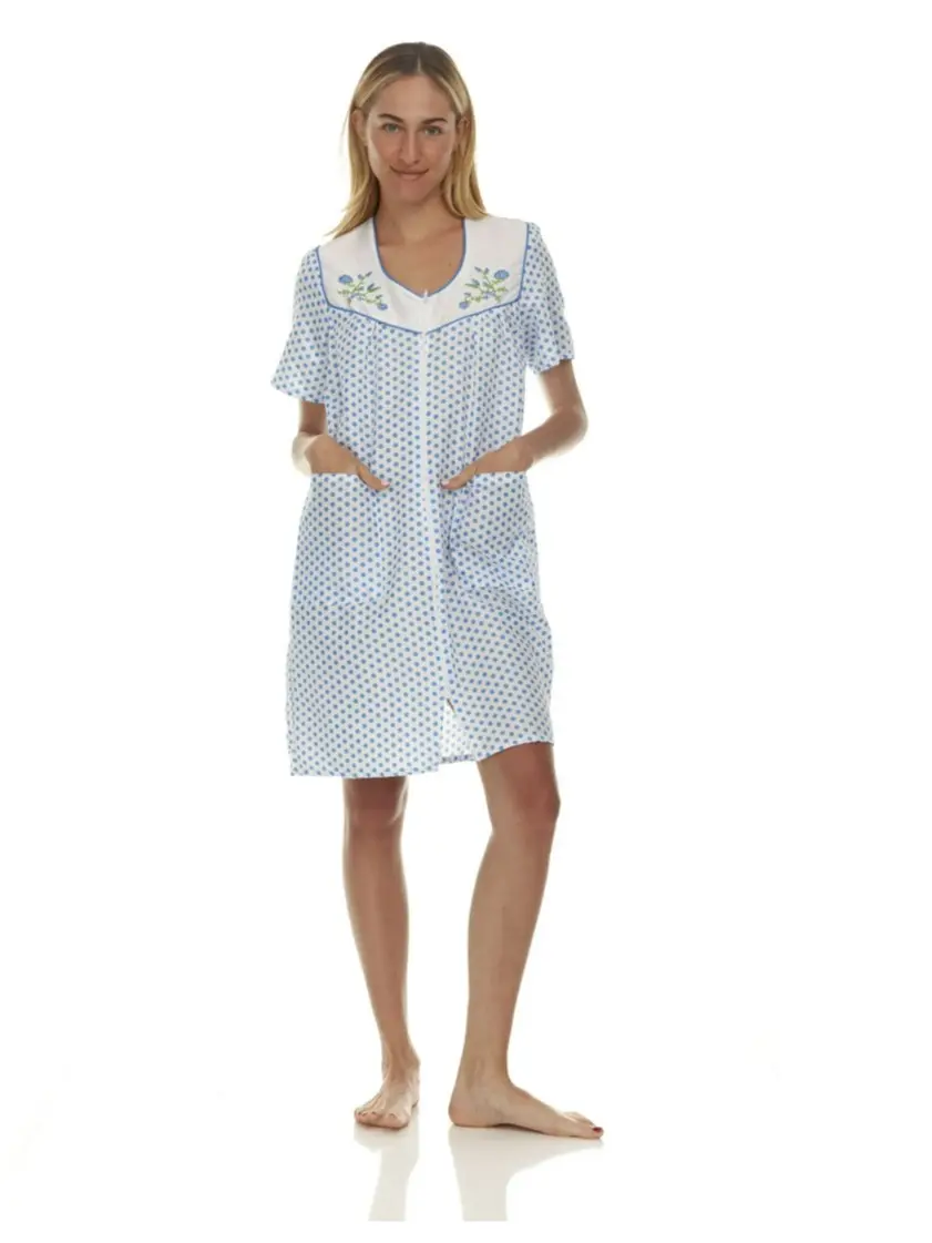 Women's Zipper Front House Dress Short Sleeves Embroidered Seersucker Housecoat Duster Lounger Night Gown Comfortable Everyday Breathable Lightweight