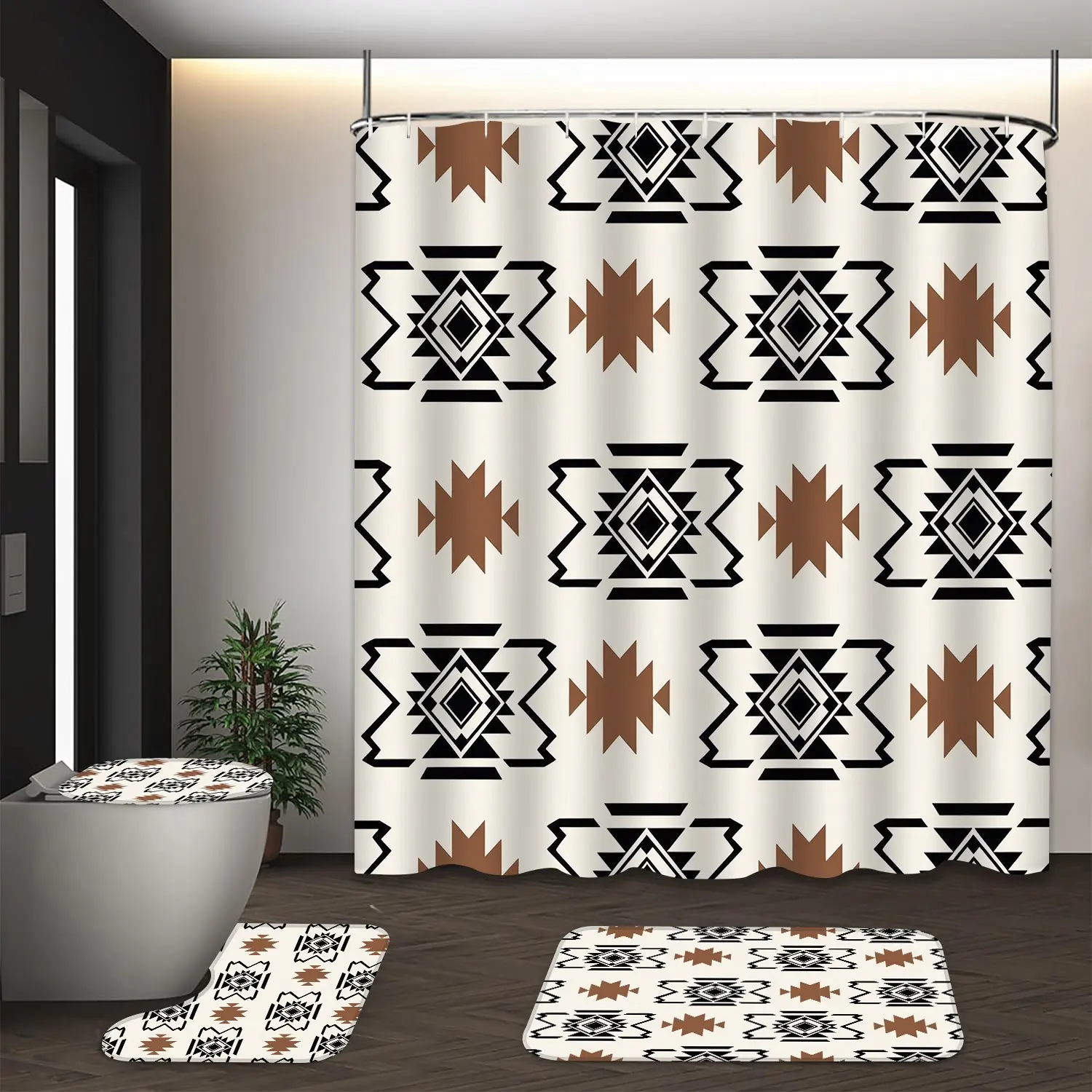 LVRLVR 4pcs Southwestern Aztec Geometric Tribal Boho Bathroom Set with Decorative Shower Curtain, Bath Rugs and Hooks, Bathroom Decoration Accessories - 70.8"×70.8" (180×180cm)