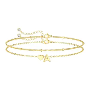 FUNSANNY Dainty Initial Heart Gold Bracelets for Women Trend Real Gold Letter Charm Bracelet Jewelry Cute Simple Fashion Chain Bracelet for Women Gift