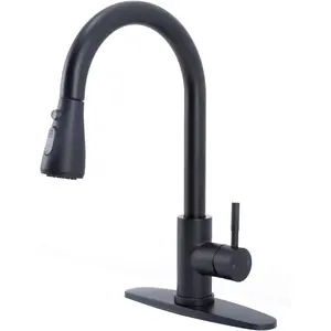 Matte Black Kitchen Faucet with Pull Down Sprayer, Modern Stainless Steel Single Handle Pull Down RV Farmhouse Bar Laundry Kitchen Sink Faucet with Deck Plate for 1 or 3 Hole, UF-KYT010B-D