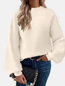 ZEAGOO Sweaters for Women Pullover Turtleneck Long Sleeve Oversized Lantern Ribbed Knit Sweater Tops Womenswear Casual Check Comfy