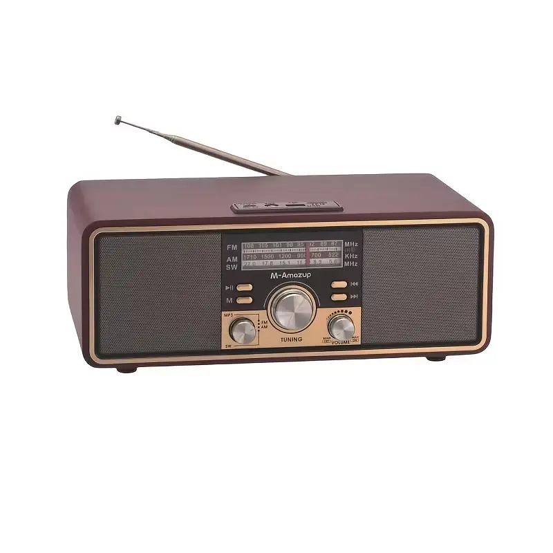 M-Amazup multifunctional radio: wireless speaker, outdoor speaker, USB playback, TF card playback, stereo speakers, AM/FM/SW radio, rechargeable battery, MP3 player; retro faux wood grain design,gift for Father's Day