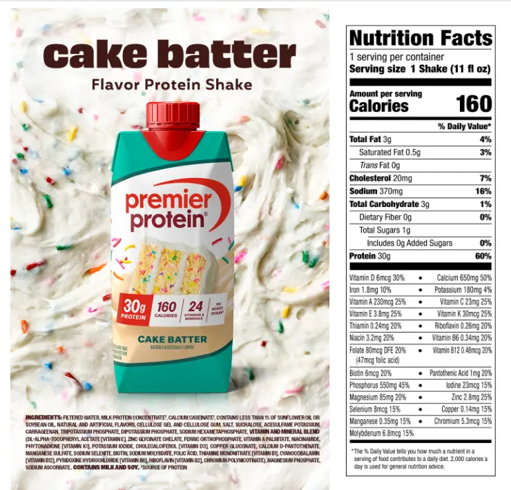Premier Protein 30g High Protein Shake, Cake Batter, 4 Pack | 160 Calories, 24 Vitamins & Minerals, No Added Sugar, Supports Muscle Health, Gluten-Free, 11 oz