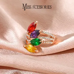 Multicolor Marquise Crystal Ring | Sparkly CZ Stacked Rose Gold Tone | Viral Rainbow Gem Statement Ring | Y2K Party Wear for Women | Trendy Colorful Crystal Cluster Ring | Dainty Rhinestone Band, Adjustable Size