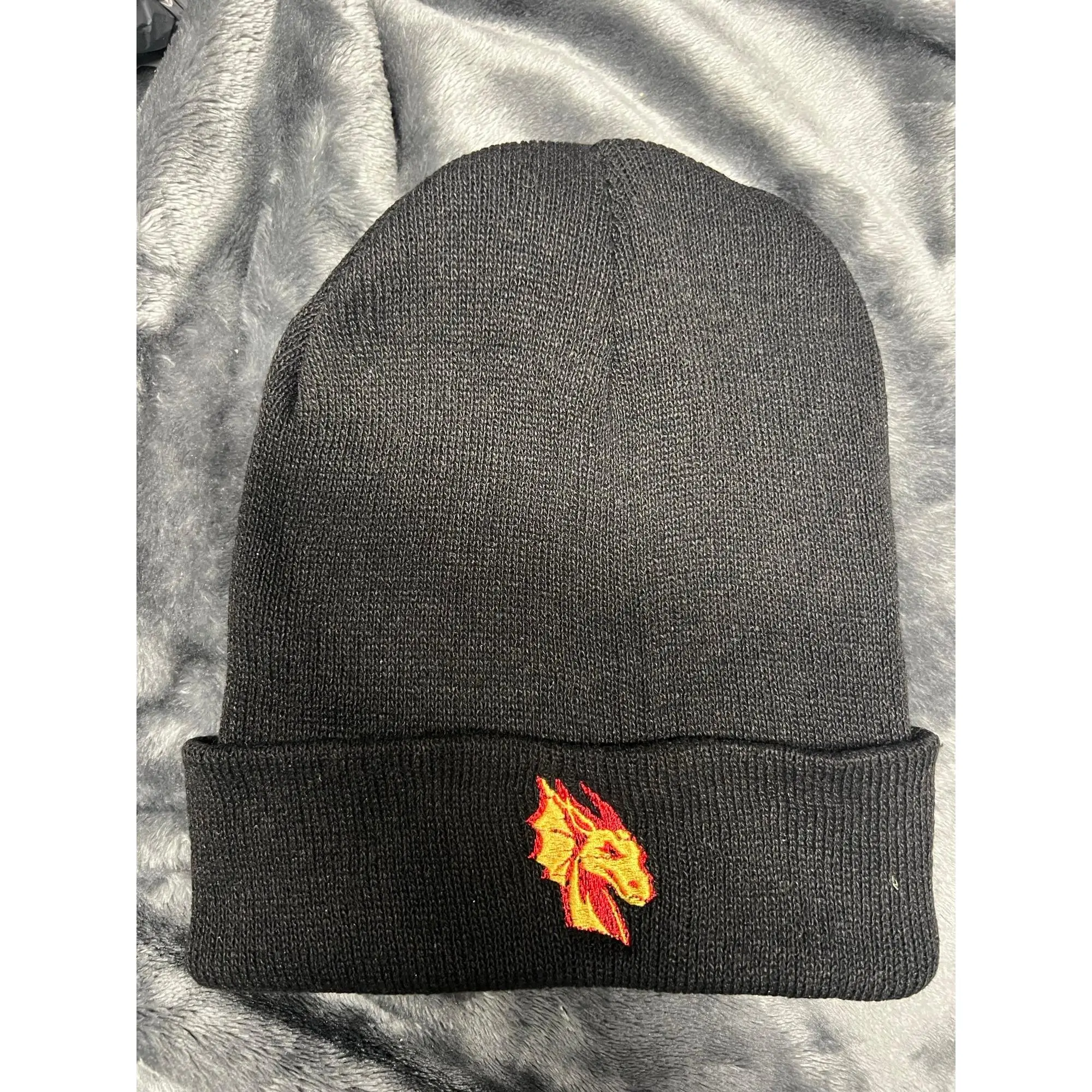 Embroidered Dragon Winter Beanie Hat Black