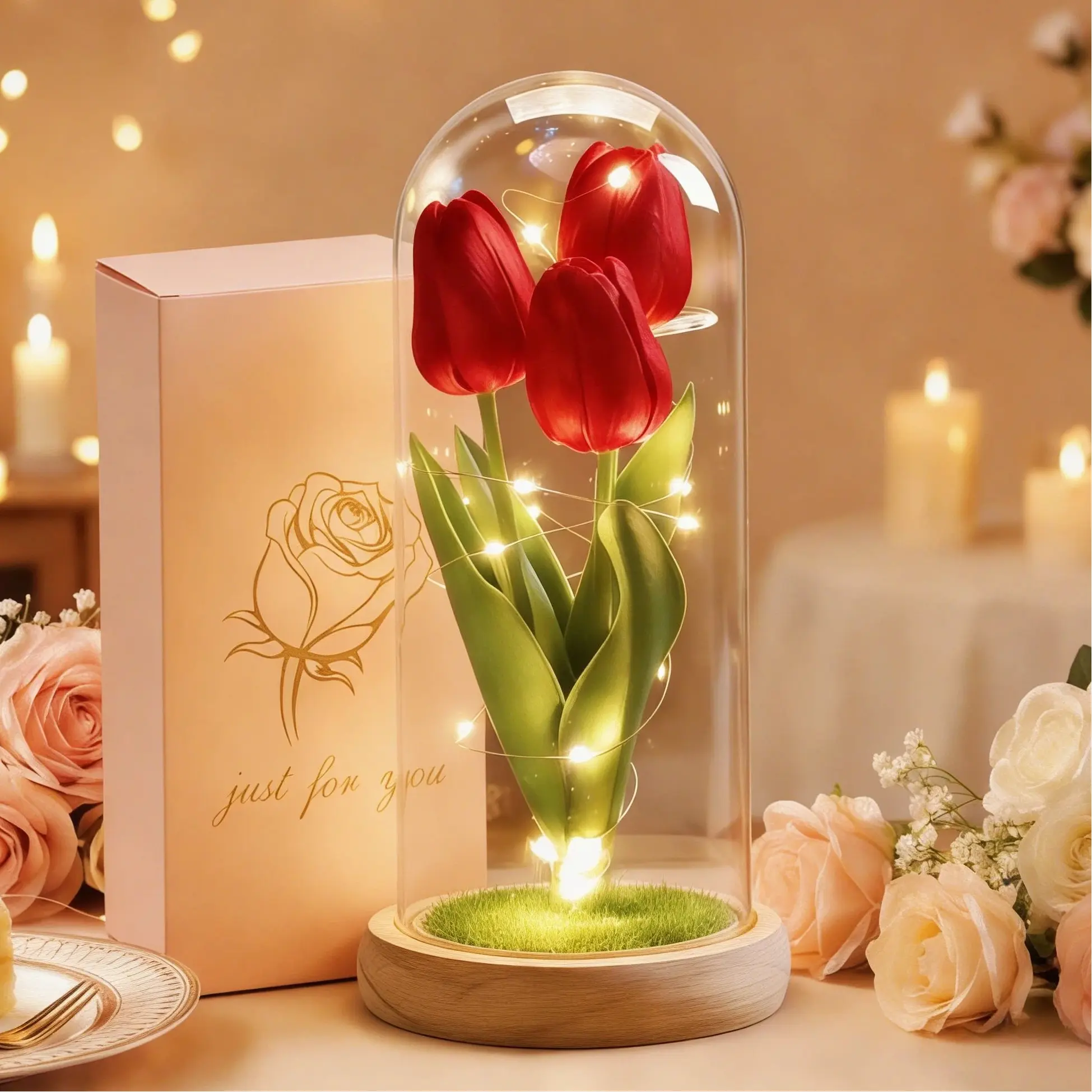 Graduation Gift Tulip Preserved Flower with LED Night Light, Glowing Artificial Flower Decor, decorative led light, Bedroom Desk Lamp, Creative Gift for Her, Atmosphere Lighting