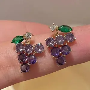 Exquisite Purple Grape Earrings Fresh Snd Sweet Girl's Crystal Fruit Stud Earrings For Women Casual Party Accessory Jewelry Gift