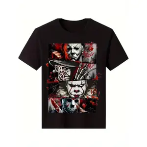 NewMen'S  Cotton Horror Icon Graphic T-Shirt - Black Short Sleeve Casual Street Trend T-Shirt All Season Comfort Fit Breathable Crew Neck T-Shirt For Horror Fans, Comfortable To WearUnisex T-shirts M-5XL