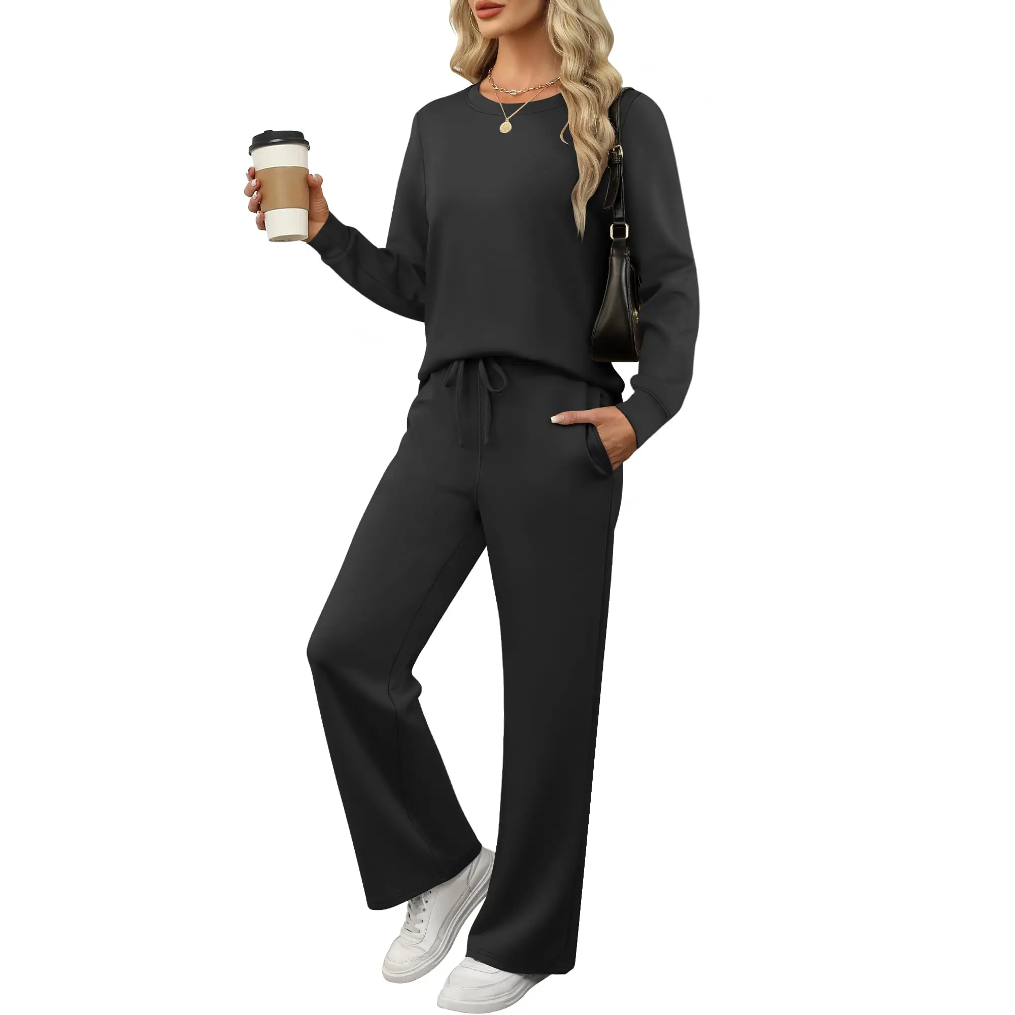 ANRABESS Womens 2 Piece Outfits Long Sleeve Sweatsuit Wide Leg Pants Set Lounge Travel Fashion Tracksuit Clothes 2026 Fall Casual Womenswear