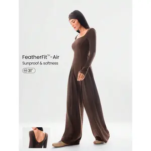 GLOWMODE FeatherFit-Air Sunproof Work And Flow Square Neck Open  U-Back Wide Leg Long Sleeve Bodysuit With Thumbholes Daily Casual Wear Removable Cups