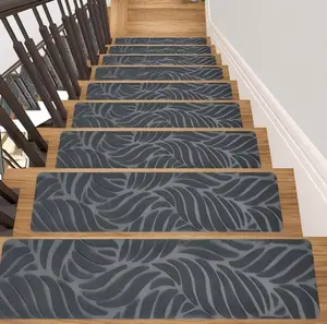 8" x 30" Non-Slip Stair Treads for Wooden Steps, 15 Pack Self-Adhesive Stair Runner Mats, Anti-Slip Safety Carpet for Kids, Elders & Dogs, Dark Grey Leaf Pattern