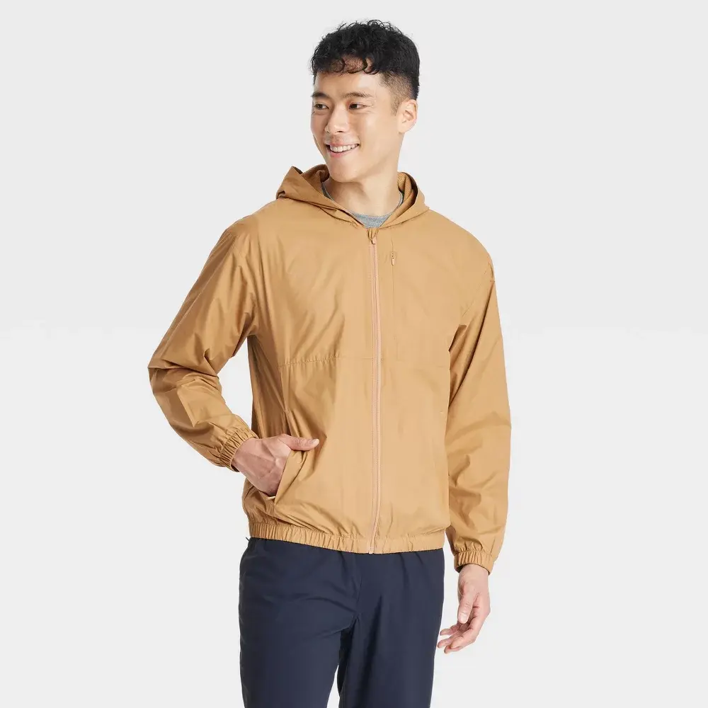 Men's Windbreaker Jacket - All In Motion Caramel S: Recycled Polyester Lightweight Water-Resistant