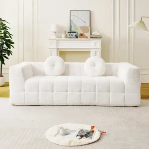 84.6-inch Modern Boneless Couch with Two Circular Throw Pillows,Skin-friendly Lychee-textured Long-pile Polyester Fabric,Checkered Fabric Design Three-Seater Foam Sofa