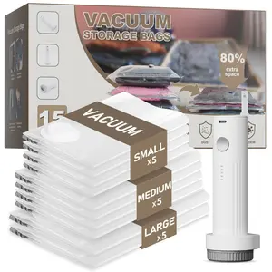 USB Rechargeable White Electric Pump – 15-Pack Vacuum Storage Bags, Cordless One-Button Compression for Closet, Travel, Moving