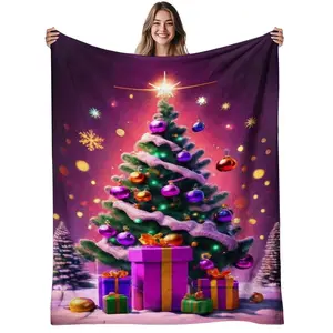 1pc Christmas Tree Flannel Blanket - Soft & Warm 280gsm Heavyweight All-Season Cozy Throw with Festive Purple & Golden Snowflake & Ornament Print, Contemporary Holiday Design for Living Room, Bedroom, Office - Machine Washable Christmas & Fall for h