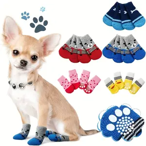 4pcs Cute Cartoon Mixed Color Pet Socks, Suitable for And Toy Breeds, Knitted Polyester Fiber Comfortable Pet Shoes, Non-Slip Cat And Dog Shoes, All-Season Indoor Protective Covers for Cat And Dog Paws