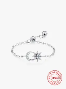 925 Sterling Silver Sun & Moon Design Adjustable Chain Bracelet, Artificial Zircon Decor Bracelet, Fashion Jewelry Accessories for Women & Girls