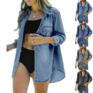 Danedvi Womens Button Down Denim Shirt Long Sleeve Roll Up Casual Oversized Jean Shirt Jacket Distressed Tunic Tops