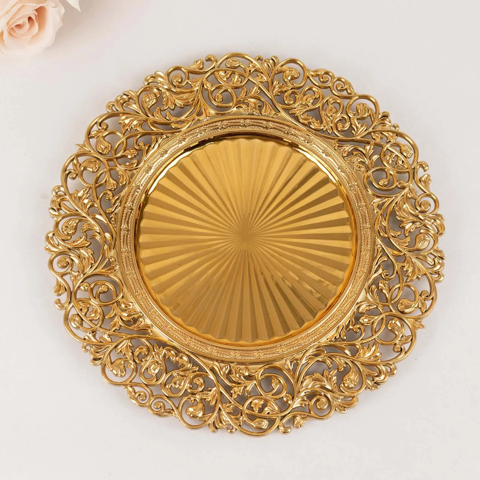 6-Pack Acrylic Charger Plates 13" Round Gold with Vintage Floral Carved Rim - Event Tabletop Decorative Charger Tableware, Platters For Serving Food Party, Flowers
