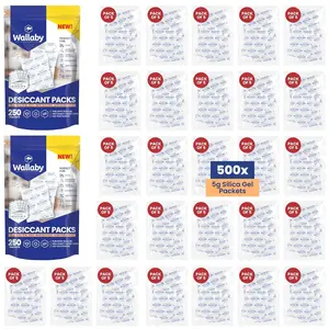 Wallaby 5 gram Silica Gel Desiccant Dehumidifier Packs (500 Packets) Food Safe Pure White - Rechargeable Moisture Absorbers