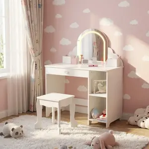 GARVEE Cute Mini-LED Illuminated Vanity Desk Set, MDF Wood 2-in-1 Drawer-Style Makeup Vanity with Mirror, Open Shelves & Matching Stool - Multi-Functional for Bedroom, White, Illuminated Makeup Vanities