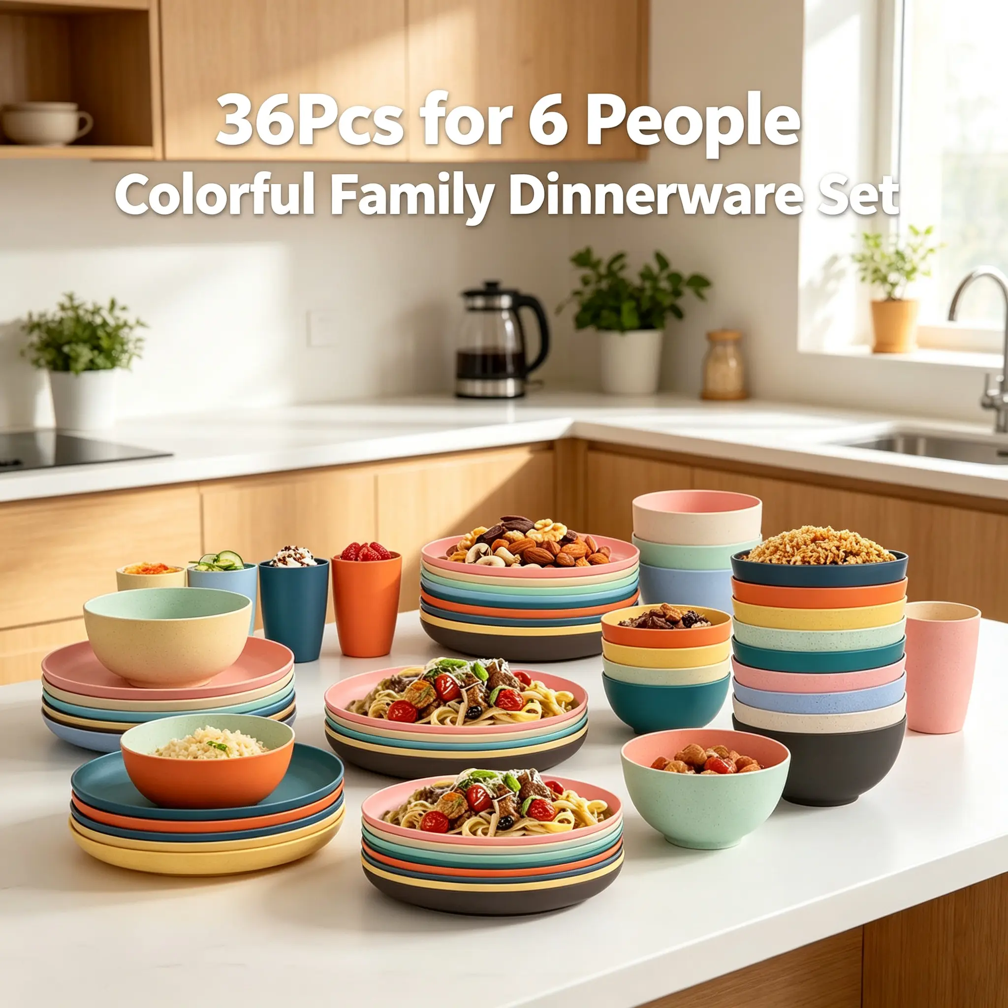 36Pcs Colorful Wheat Straw Dinnerware Set for 6 People, Unbreakable Plates Bowls Cups Combo, Microwave & Dishwasher Safe Eco Reusable Tableware, Family Camping Apartment Kitchen Dishes Set